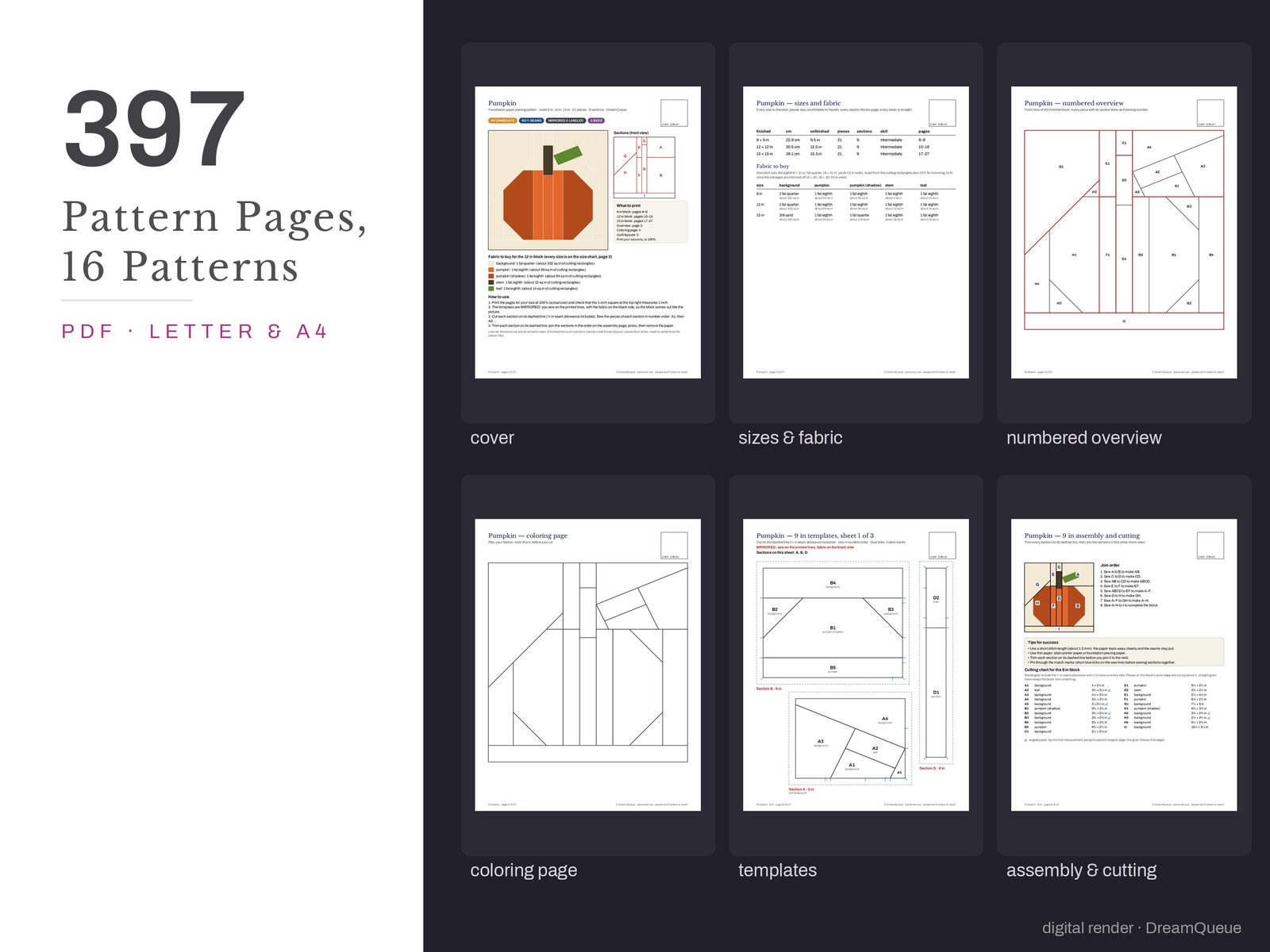 Thumbnails of the Spooky Season bundle of 16 quilt blocks pattern pages: cover, size and fabric chart, numbered overview, coloring page, templates, assembly and cutting chart