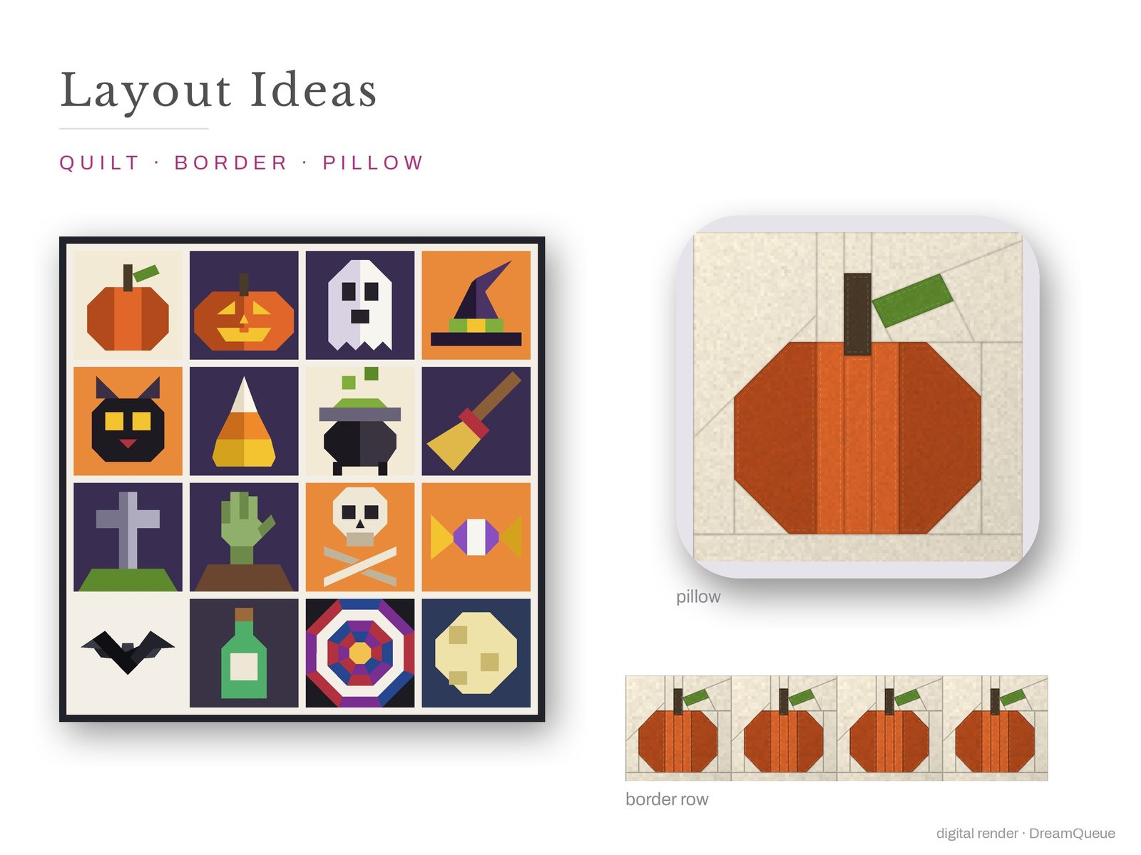 Layout ideas for the Spooky Season bundle of 16 quilt blocks: a full quilt, a border row and a pillow