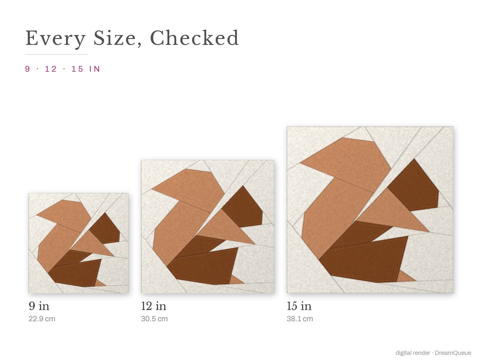 The Bushy-Tail Squirrel quilt block at every finished size: 9, 12 and 15 inch