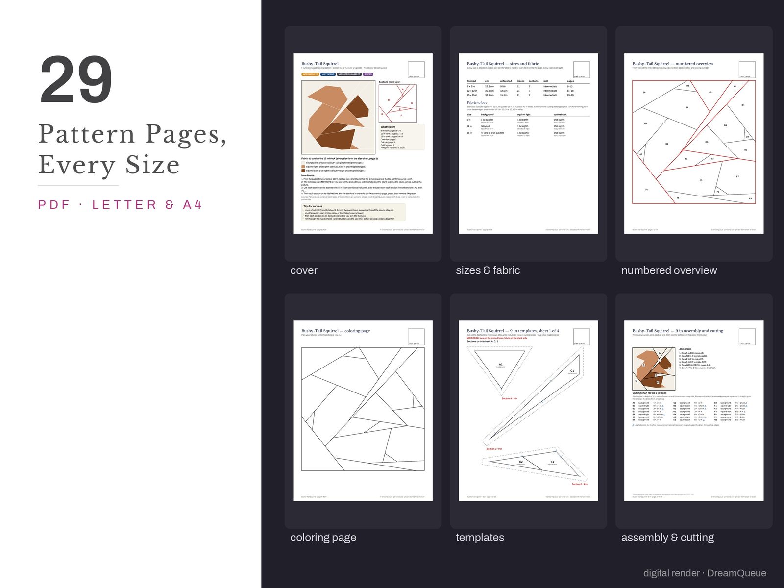 Thumbnails of the Bushy-Tail Squirrel quilt block pattern pages: cover, size and fabric chart, numbered overview, coloring page, templates, assembly and cutting chart