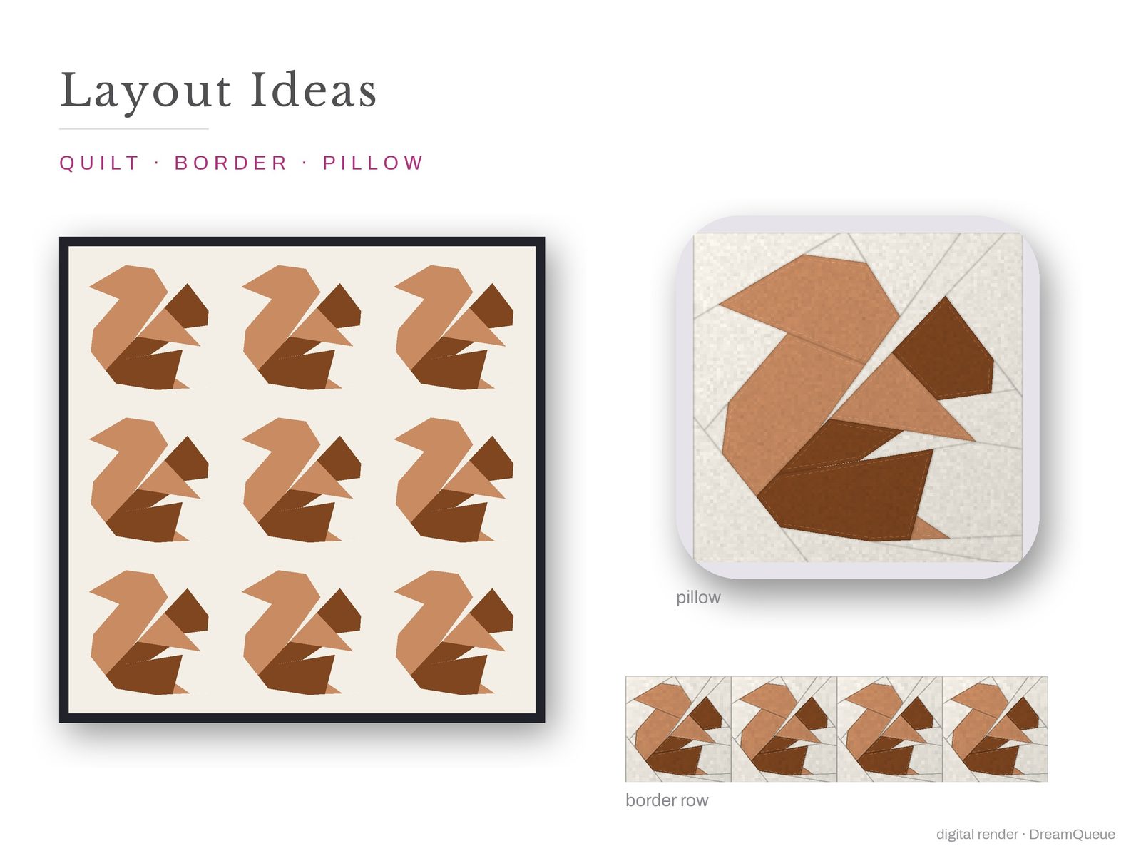 Layout ideas for the Bushy-Tail Squirrel quilt block: a full quilt, a border row and a pillow