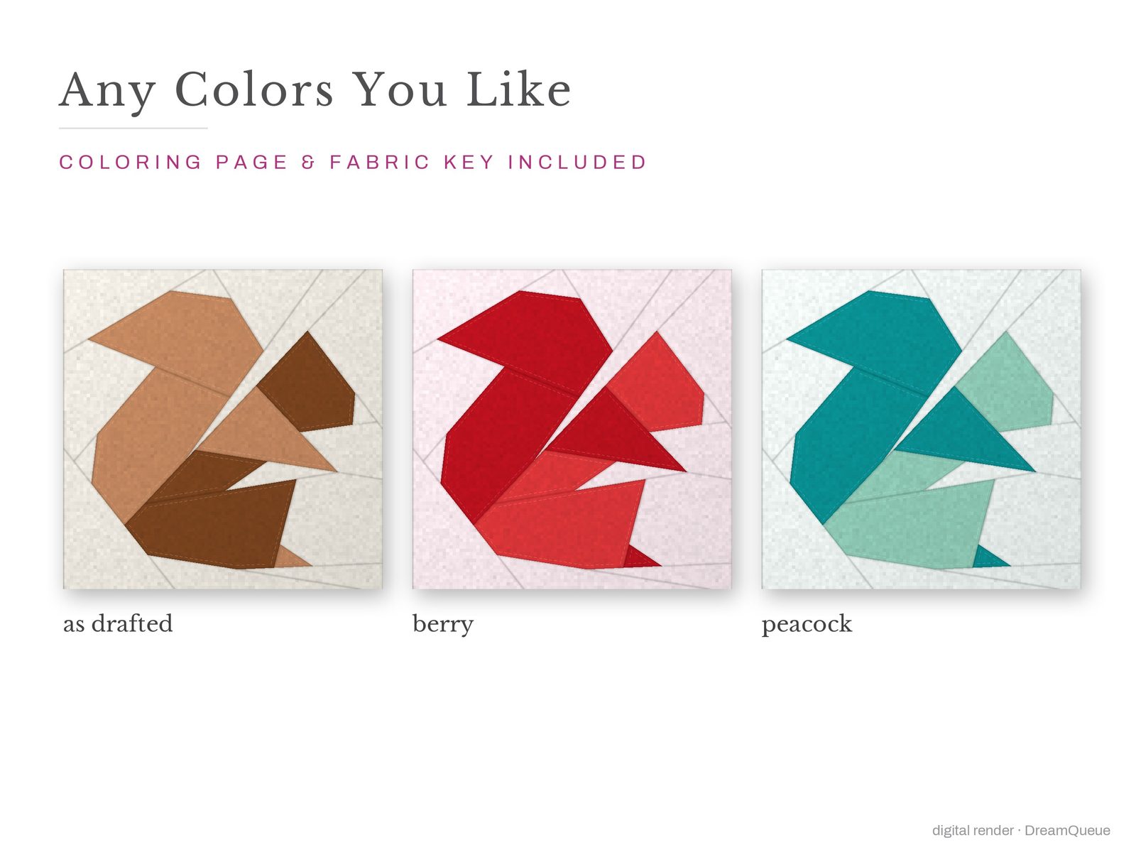 The Bushy-Tail Squirrel quilt block in three colorways, as drafted, pastel and jewel tones; a coloring page and fabric key are included
