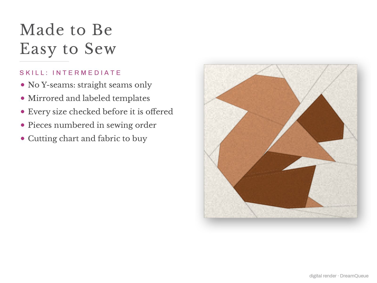 Bushy-Tail Squirrel: Skill level intermediate: no Y-seams, mirrored and labeled templates, every size checked, pieces numbered in sewing order, cutting chart and fabric to buy
