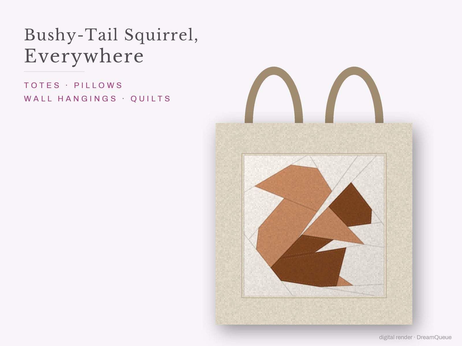 The Bushy-Tail Squirrel quilt block sewn into a tote bag, one idea for totes, pillows, wall hangings and quilts