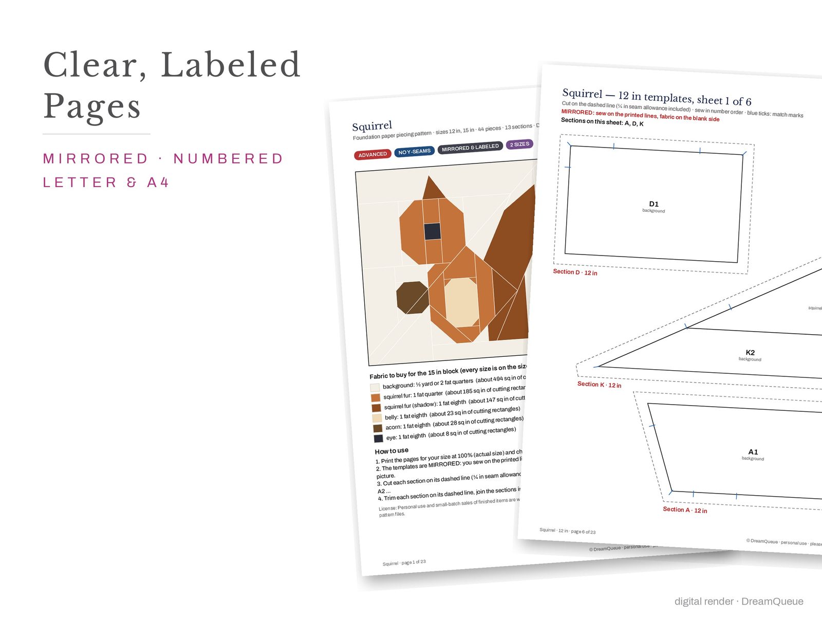 Cover page and a mirrored, numbered template sheet from the Squirrel quilt block FPP pattern