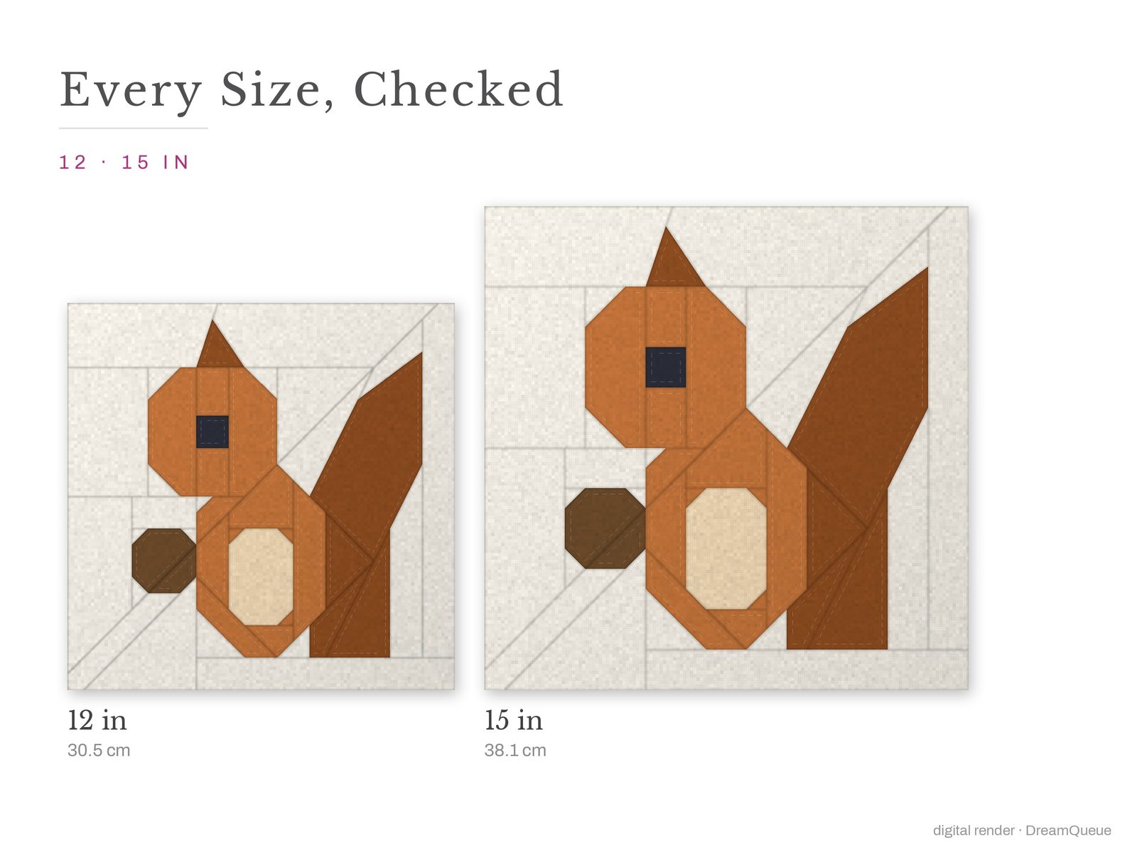 The Squirrel quilt block at every finished size: 12 and 15 inch