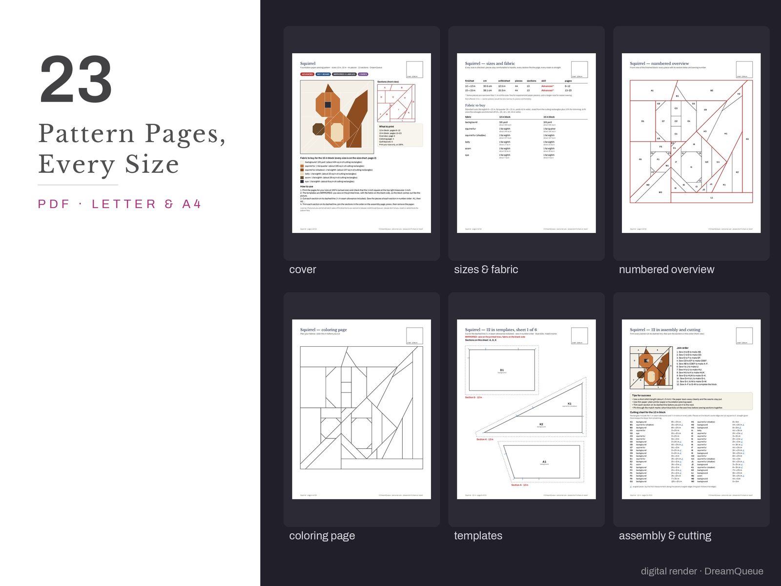 Thumbnails of the Squirrel quilt block pattern pages: cover, size and fabric chart, numbered overview, coloring page, templates, assembly and cutting chart