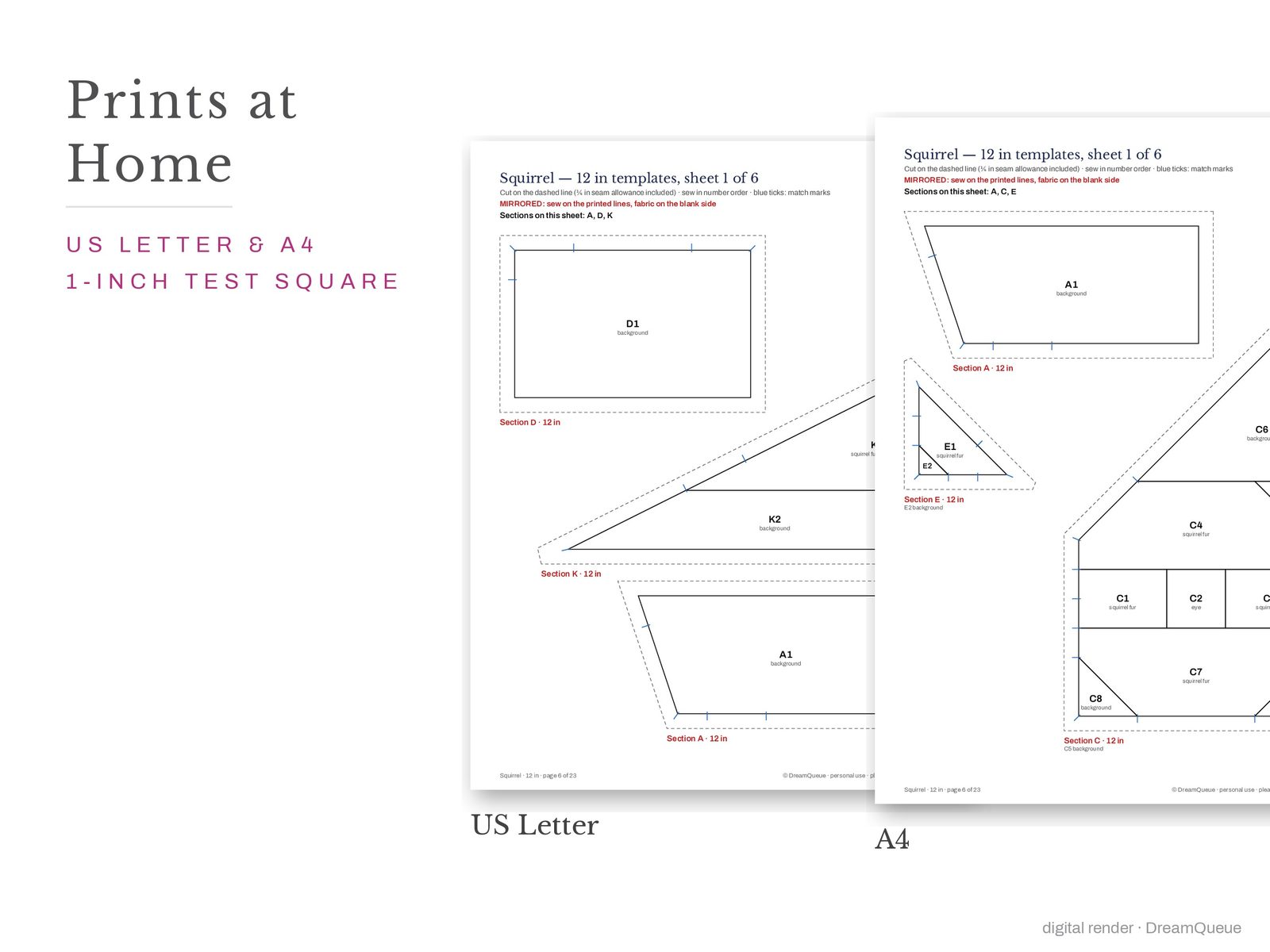 Squirrel quilt block templates printed on US Letter and A4 paper with a 1-inch test square to check the print scale
