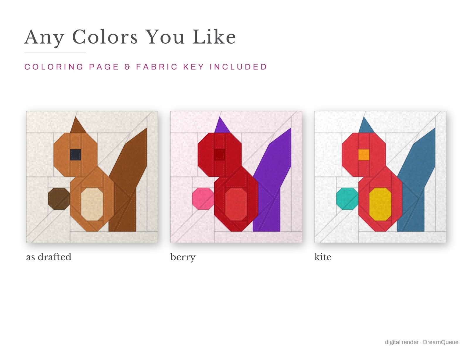 The Squirrel quilt block in three colorways, as drafted, pastel and jewel tones; a coloring page and fabric key are included