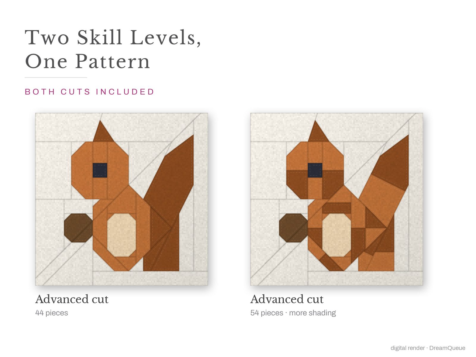 Squirrel: Skill level advanced: no Y-seams, mirrored and labeled templates, every size checked, pieces numbered in sewing order, cutting chart and fabric to buy