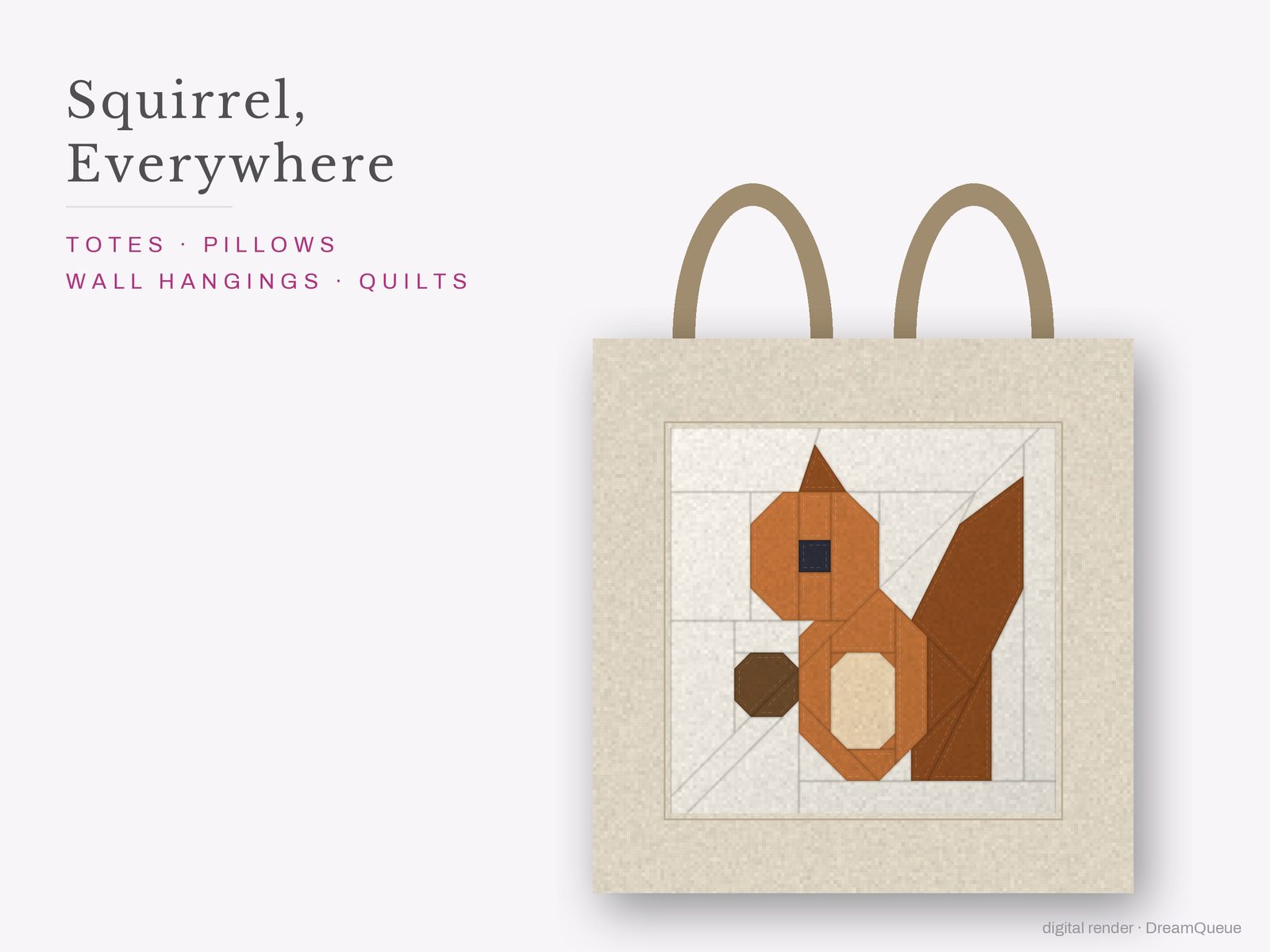 The Squirrel quilt block sewn into a tote bag, one idea for totes, pillows, wall hangings and quilts