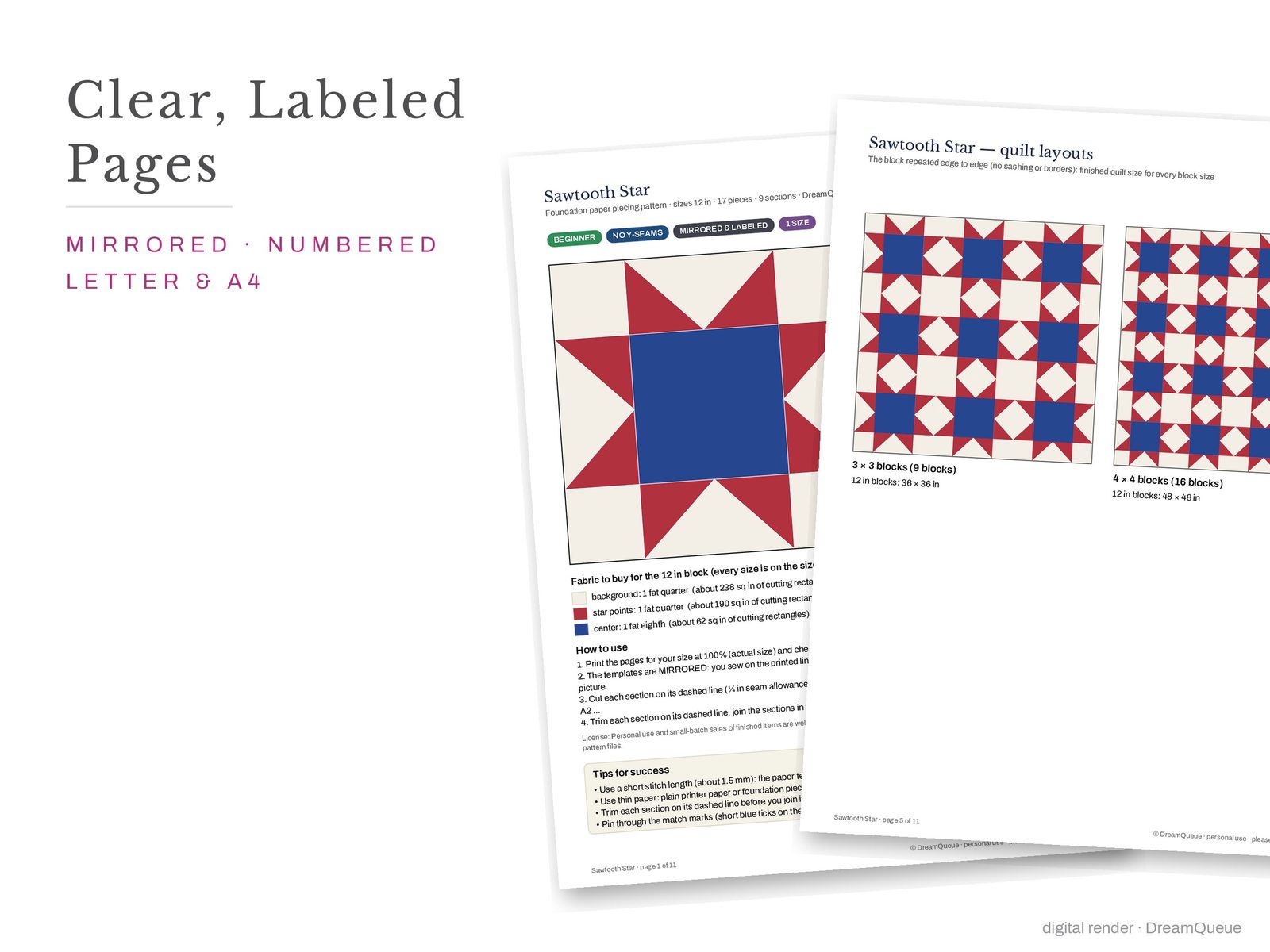 Cover page and a mirrored, numbered template sheet from the Stars bundle of 11 quilt blocks FPP pattern