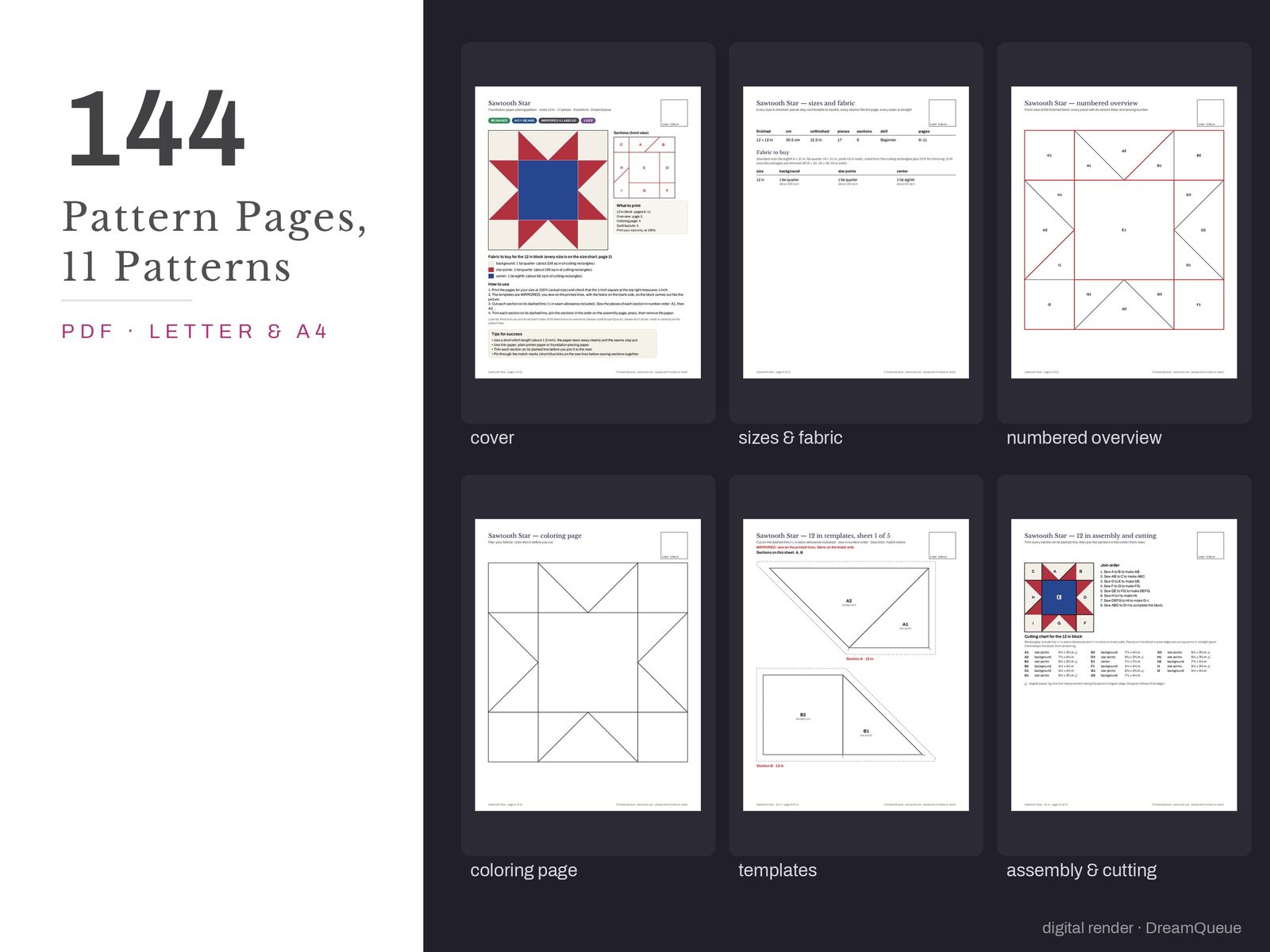 Thumbnails of the Stars bundle of 11 quilt blocks pattern pages: cover, size and fabric chart, numbered overview, coloring page, templates, assembly and cutting chart