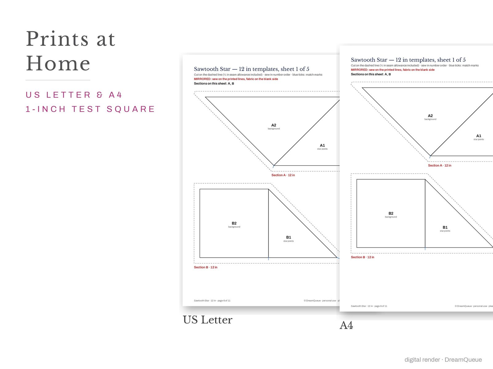 Stars bundle of 11 quilt blocks templates printed on US Letter and A4 paper with a 1-inch test square to check the print scale