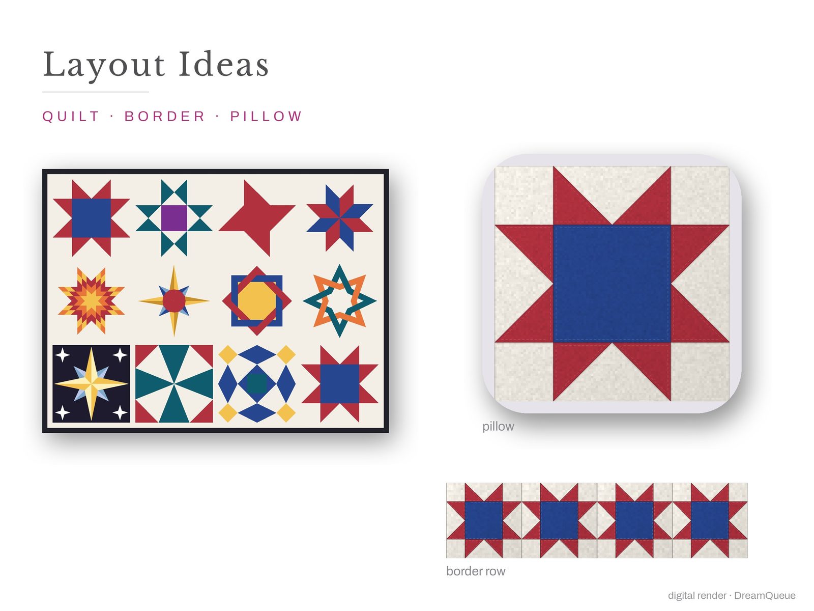 Layout ideas for the Stars bundle of 11 quilt blocks: a full quilt, a border row and a pillow