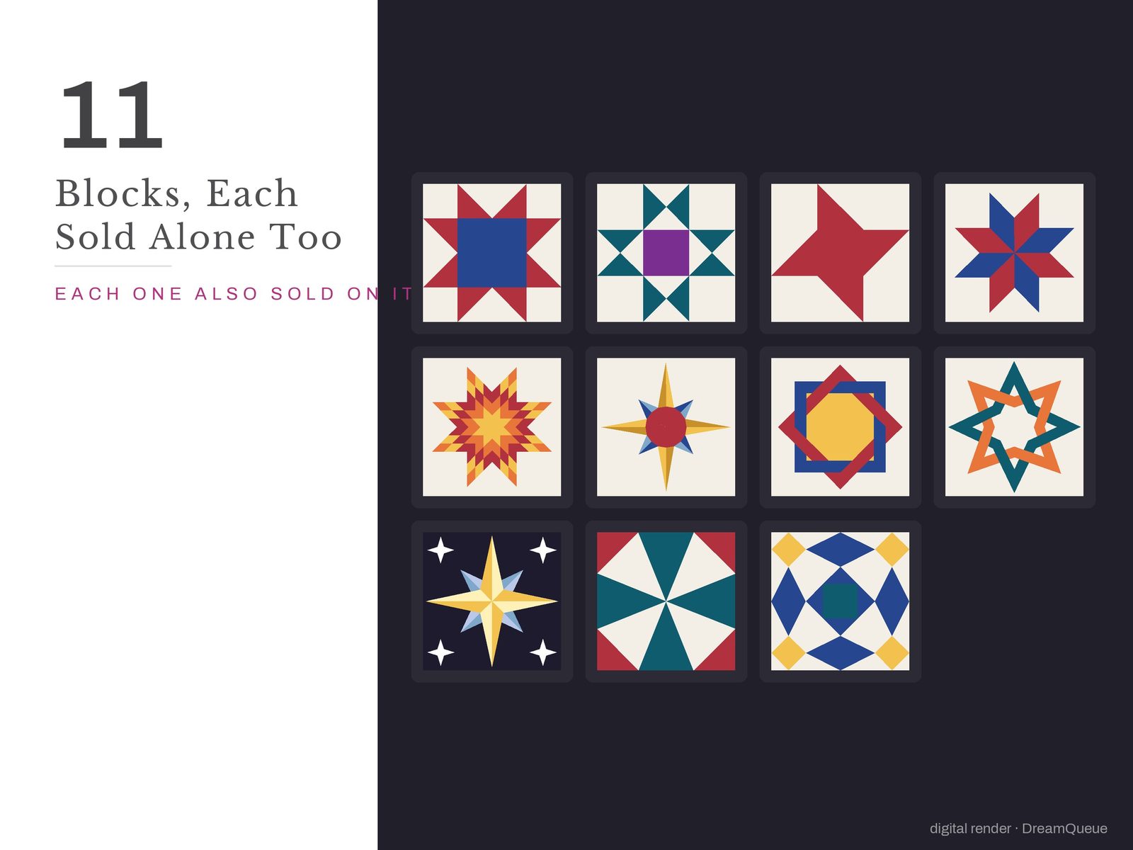 All 11 blocks in the Stars bundle: Sawtooth Star, Ohio Star, Friendship Star, LeMoyne Star, Lone Star, 8-Point Mariner's Compass, Woven Square, Knotted Star, Twinkle Star, Kaleidoscope, Storm at Sea; each is also sold on its own