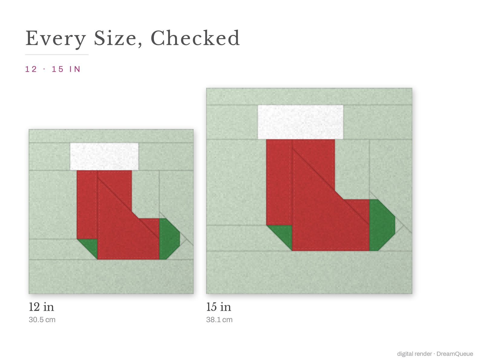 The Classic Cuffed Stocking quilt block at every finished size: 12 and 15 inch