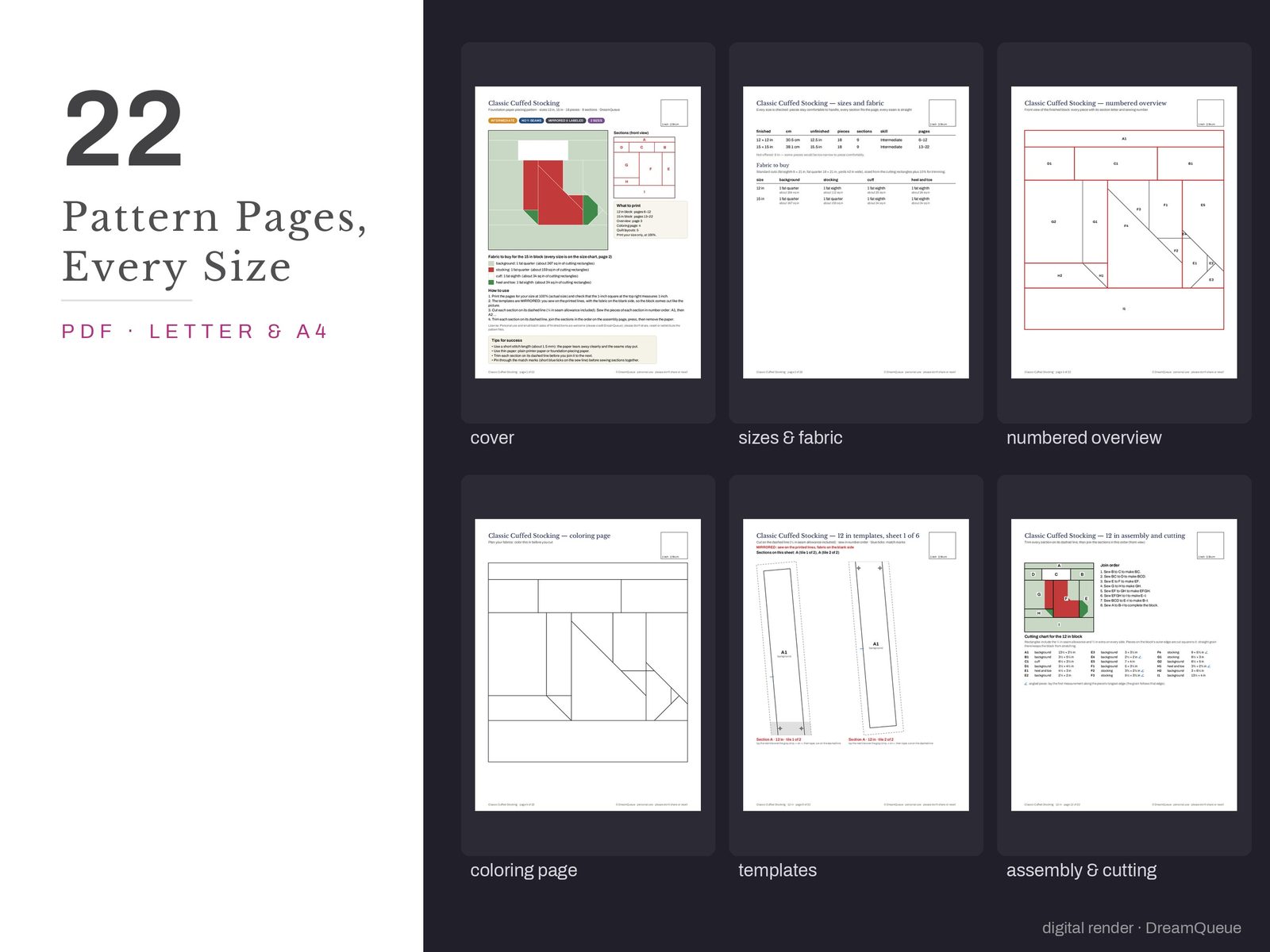 Thumbnails of the Classic Cuffed Stocking quilt block pattern pages: cover, size and fabric chart, numbered overview, coloring page, templates, assembly and cutting chart