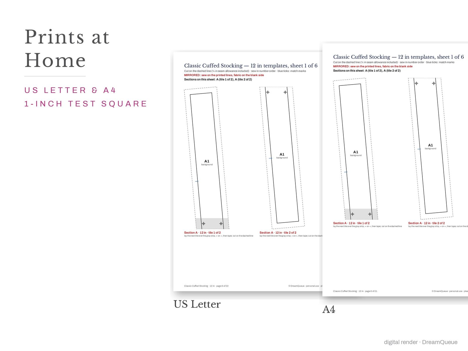 Classic cuffed stocking quilt block templates printed on US Letter and A4 paper with a 1-inch test square to check the print scale