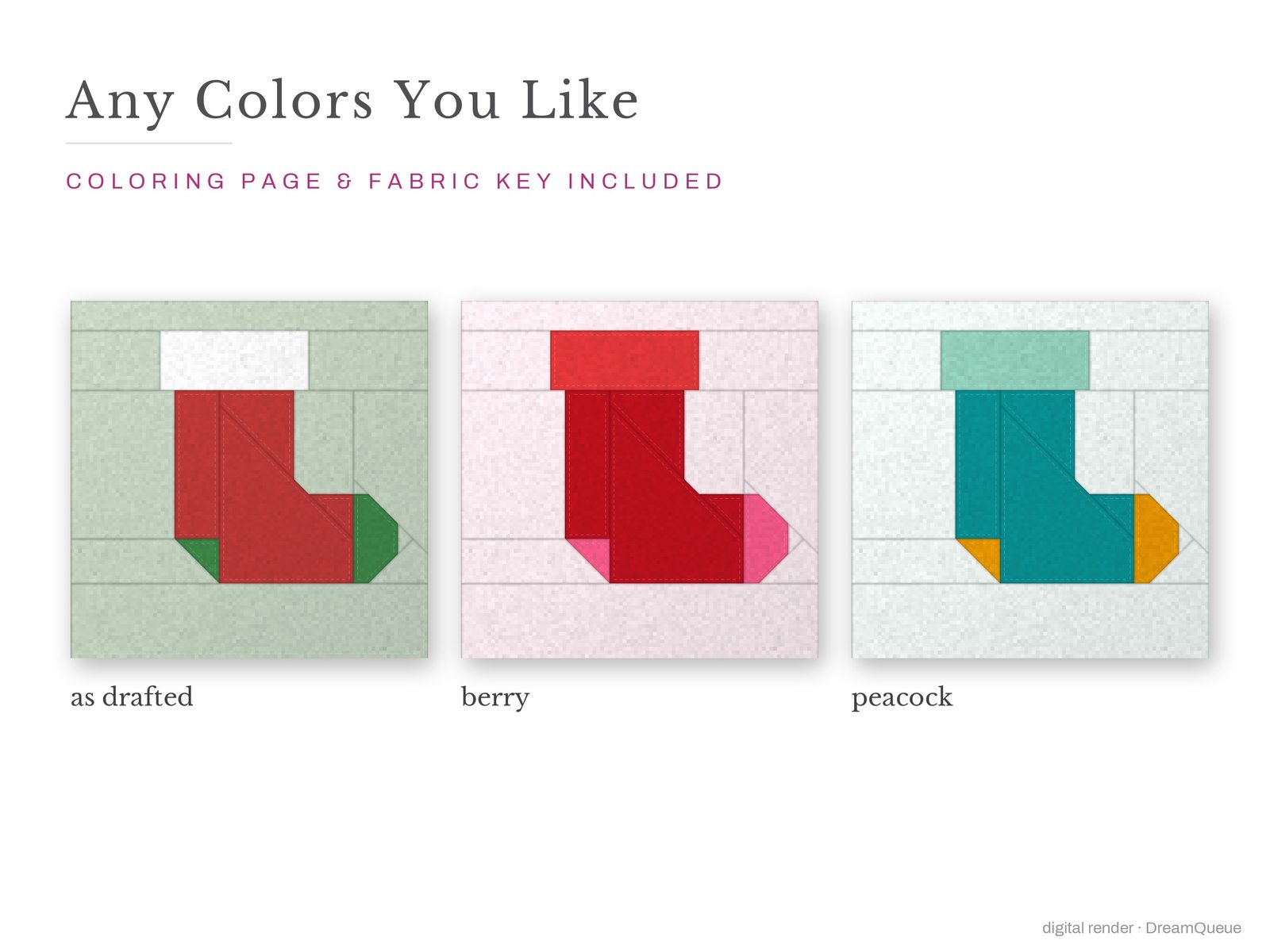 The Classic Cuffed Stocking quilt block in three colorways, as drafted, pastel and jewel tones; a coloring page and fabric key are included