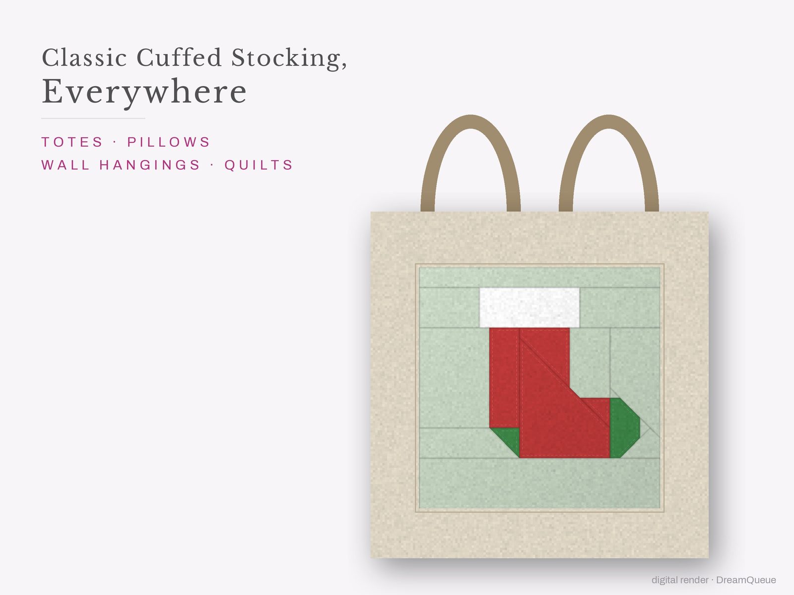The Classic Cuffed Stocking quilt block sewn into a tote bag, one idea for totes, pillows, wall hangings and quilts