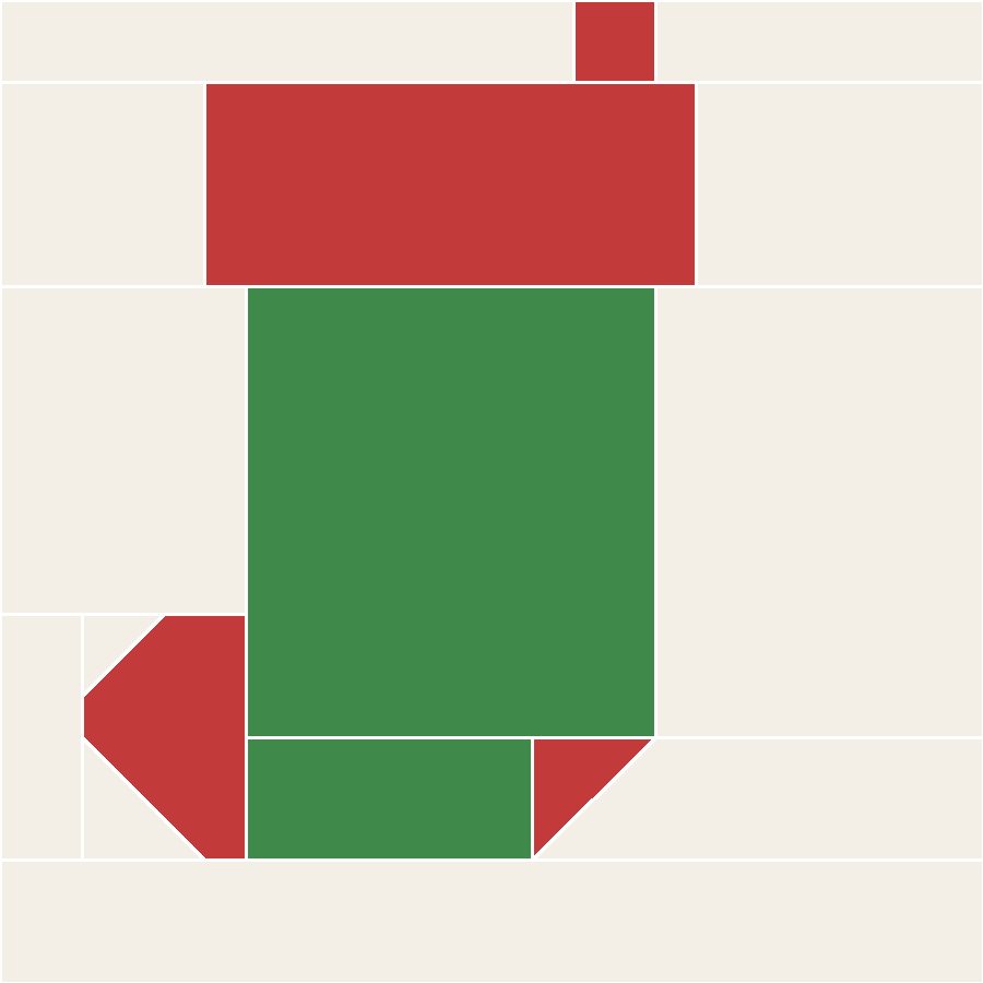 Stocking Quilt Block Pattern with every seam line shown