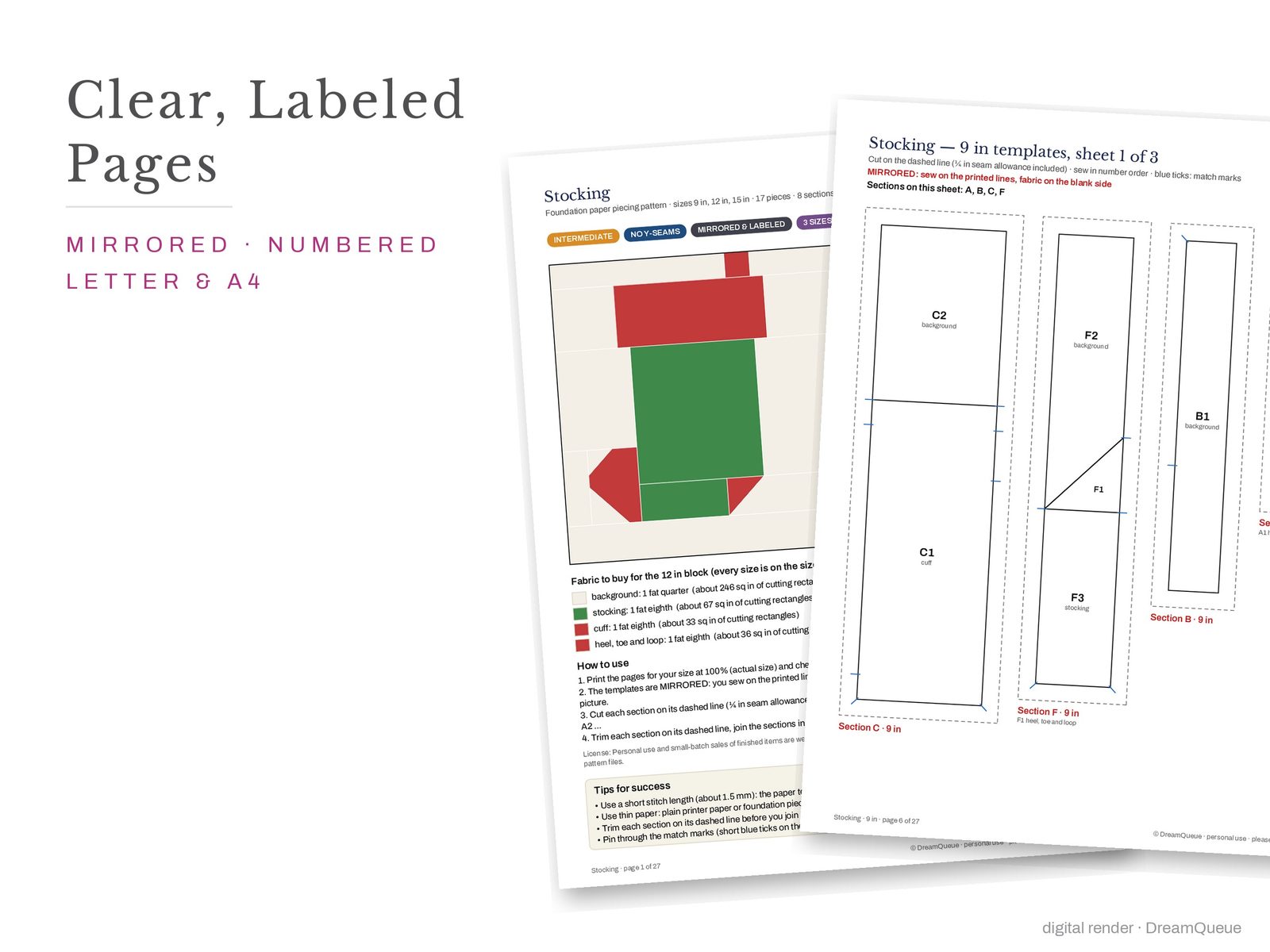Cover page and a mirrored, numbered template sheet from the Stocking quilt block FPP pattern