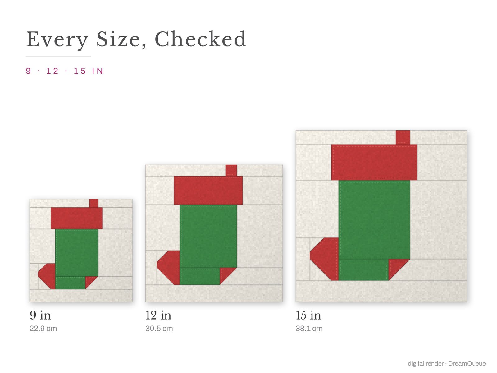 The Stocking quilt block at every finished size: 9, 12 and 15 inch