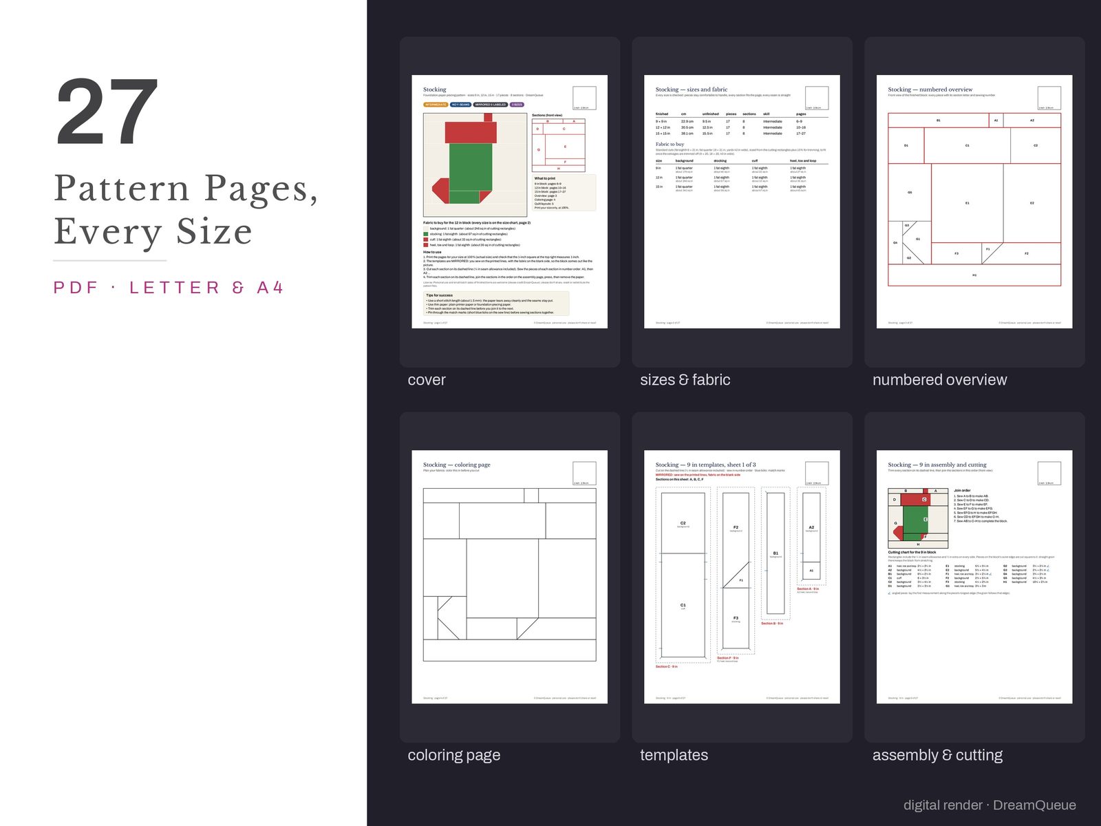 Thumbnails of the Stocking quilt block pattern pages: cover, size and fabric chart, numbered overview, coloring page, templates, assembly and cutting chart