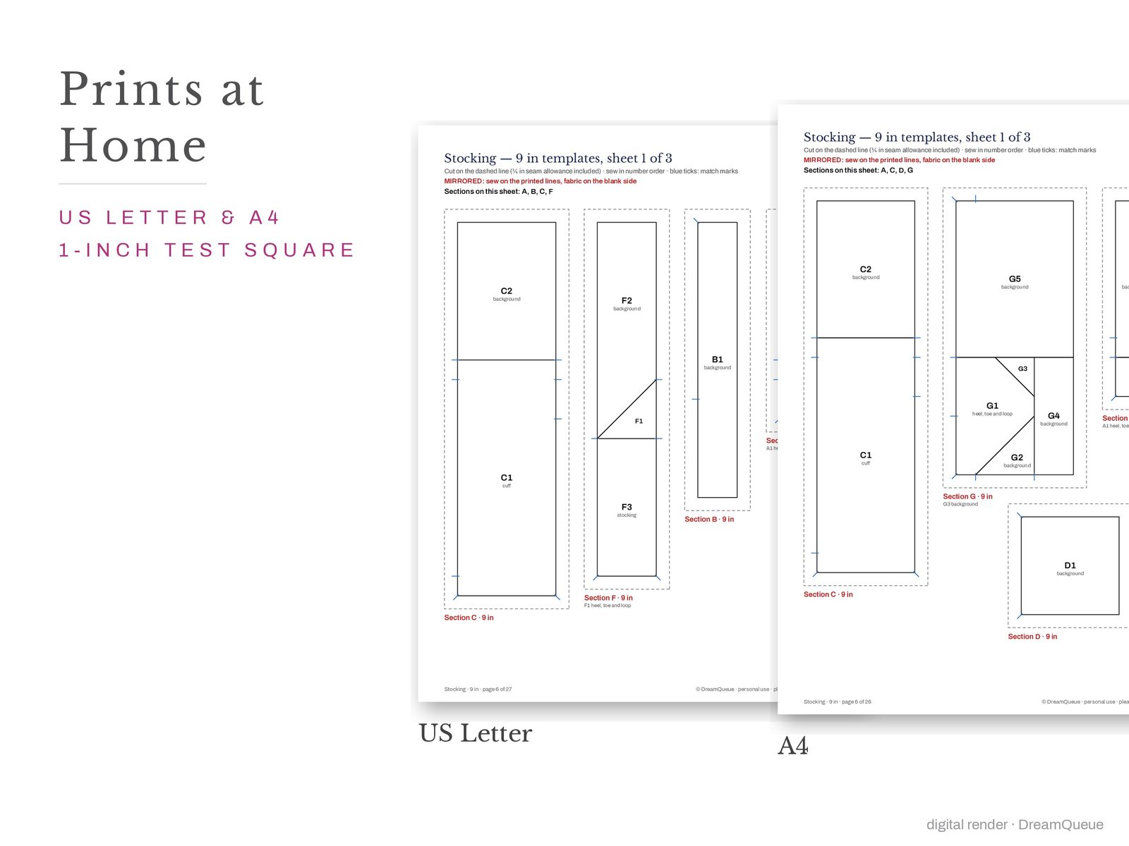 Stocking quilt block templates printed on US Letter and A4 paper with a 1-inch test square to check the print scale