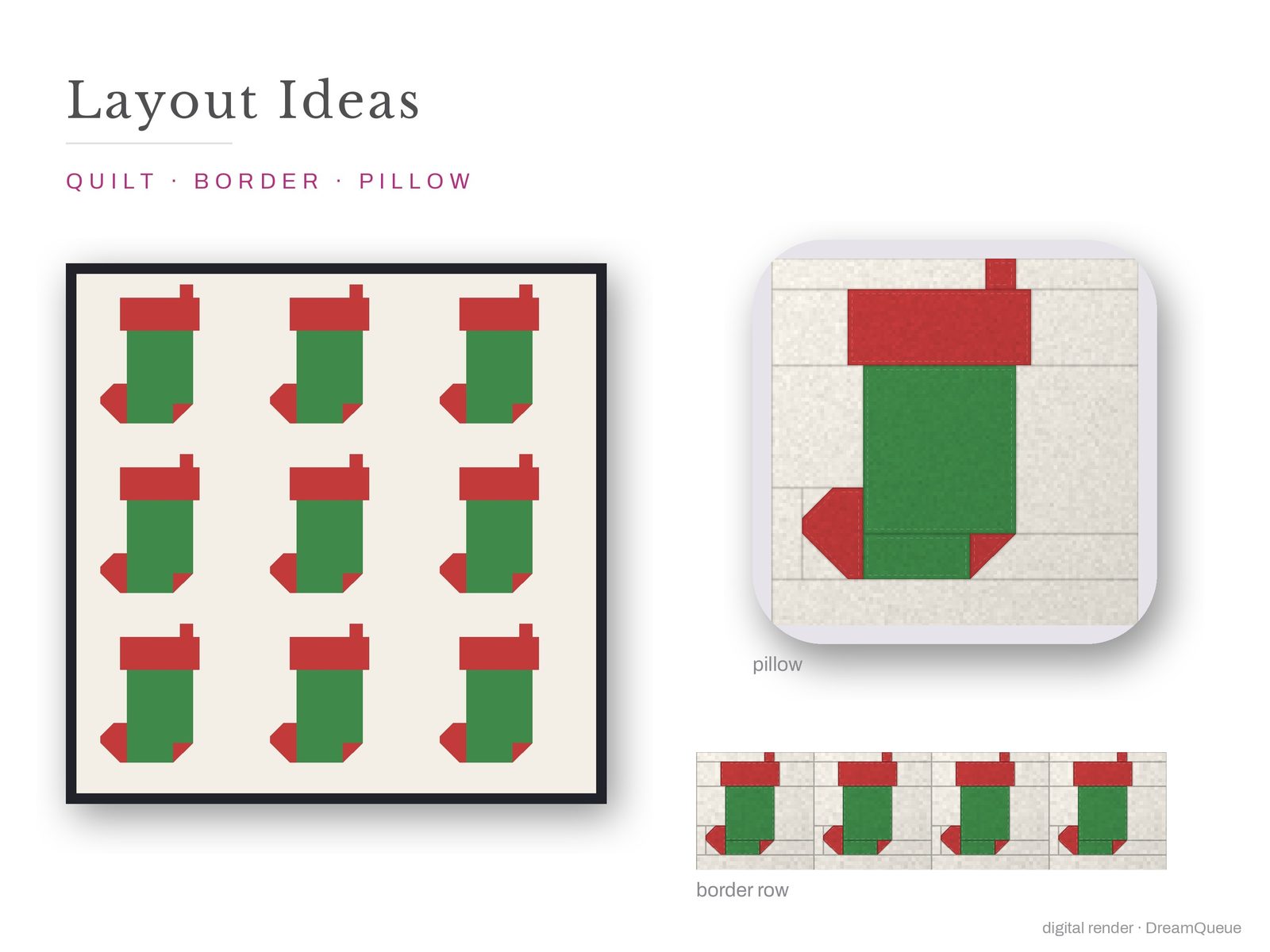 Layout ideas for the Stocking quilt block: a full quilt, a border row and a pillow