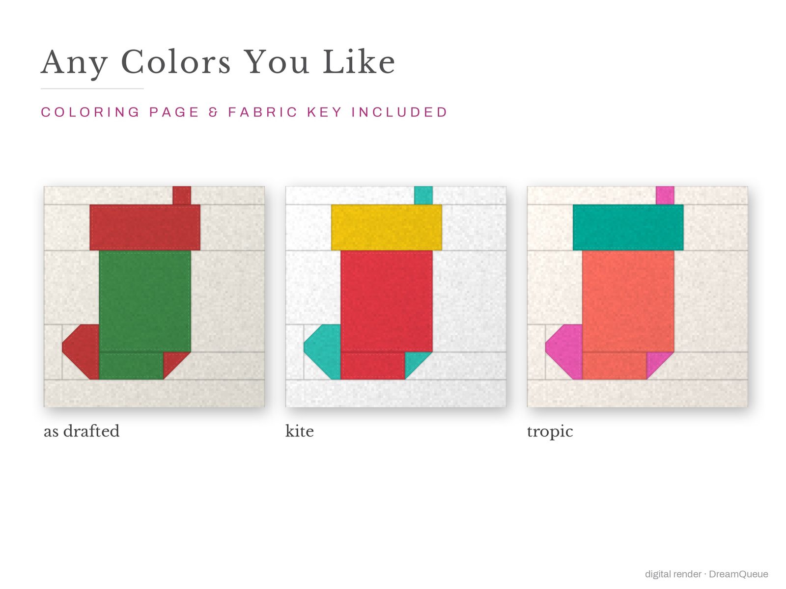 The Stocking quilt block in three colorways, as drafted, pastel and jewel tones; a coloring page and fabric key are included