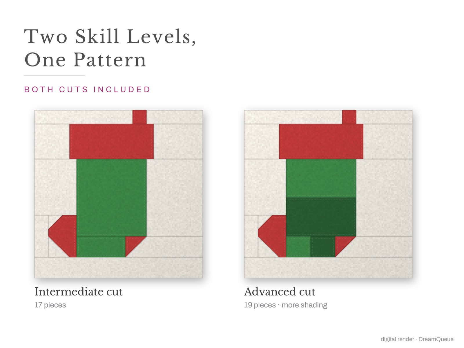 Stocking: Skill level intermediate: no Y-seams, mirrored and labeled templates, every size checked, pieces numbered in sewing order, cutting chart and fabric to buy