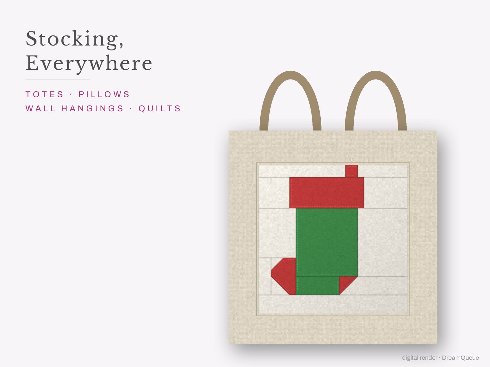 The Stocking quilt block sewn into a tote bag, one idea for totes, pillows, wall hangings and quilts