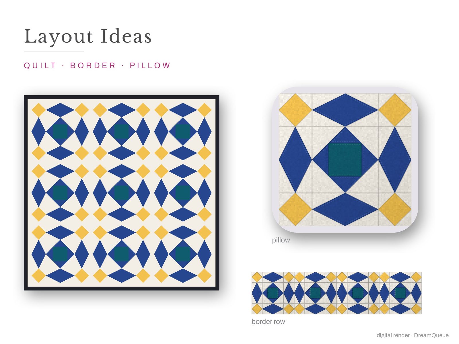 Layout ideas for the Storm at Sea quilt block: a full quilt, a border row and a pillow