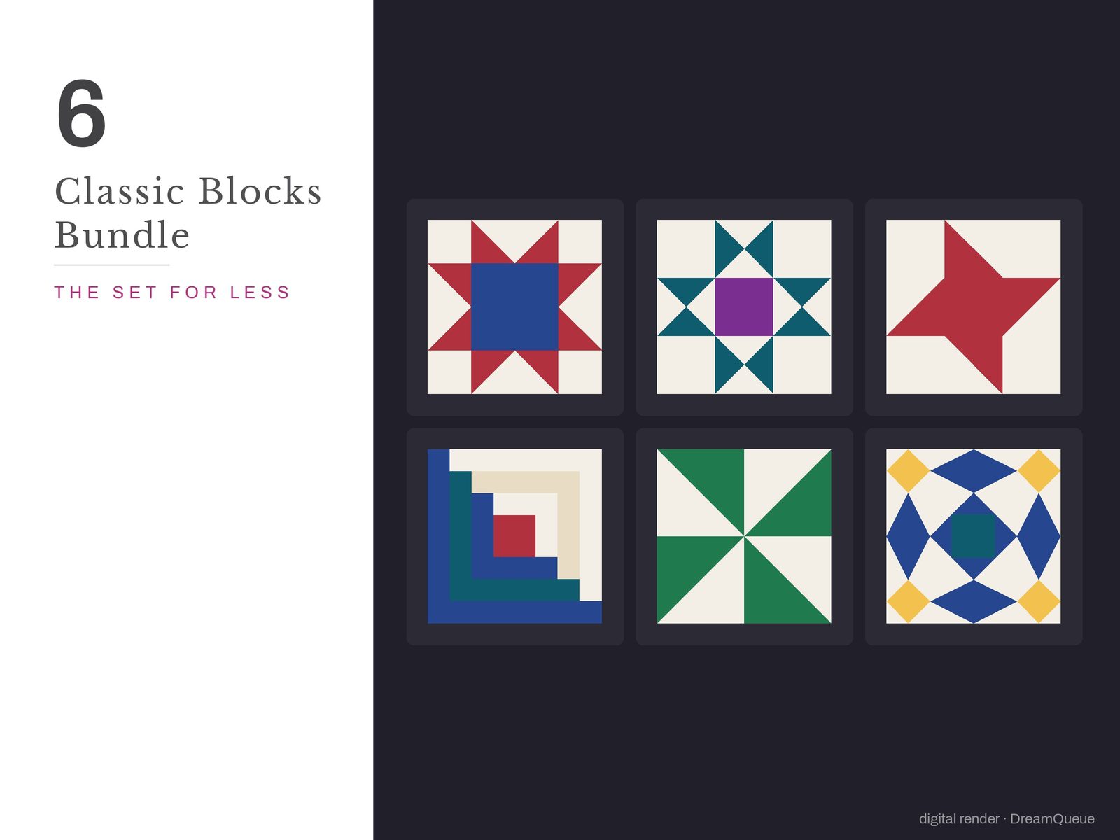 The Classic Blocks bundle: 6 quilt blocks including the Storm at Sea, sold together for less