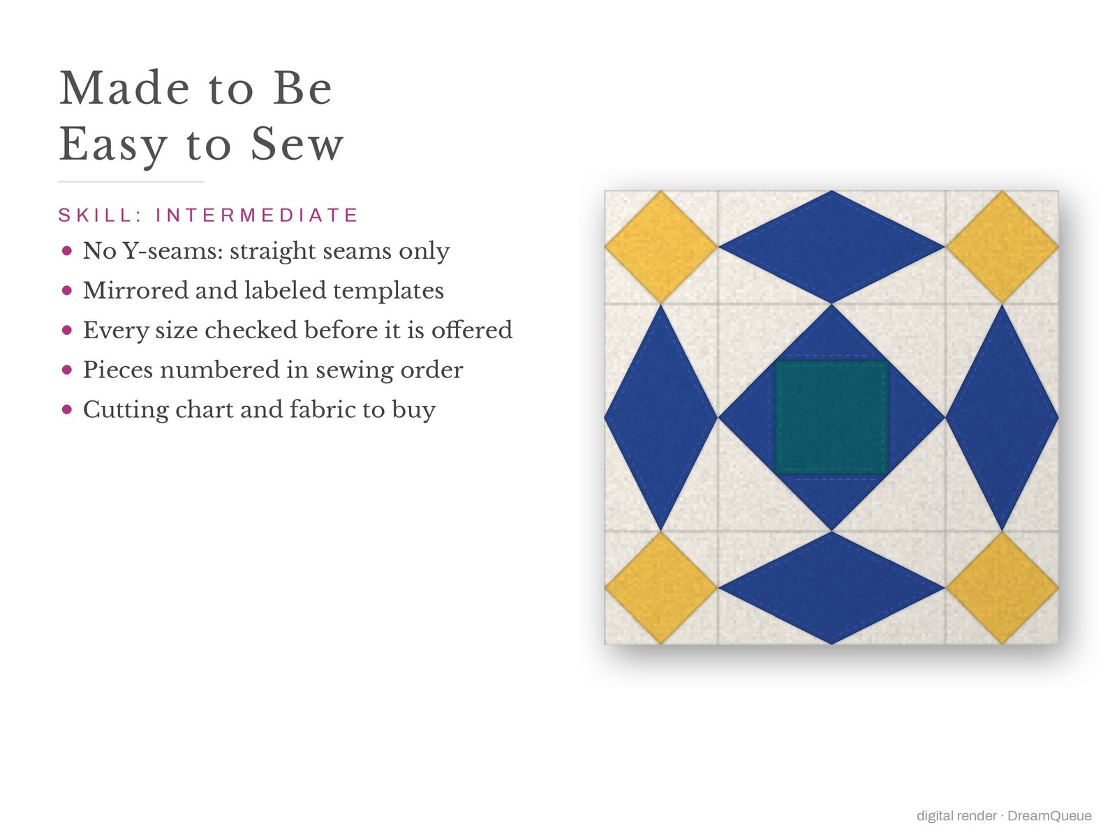 Storm at Sea: Skill level intermediate: no Y-seams, mirrored and labeled templates, every size checked, pieces numbered in sewing order, cutting chart and fabric to buy