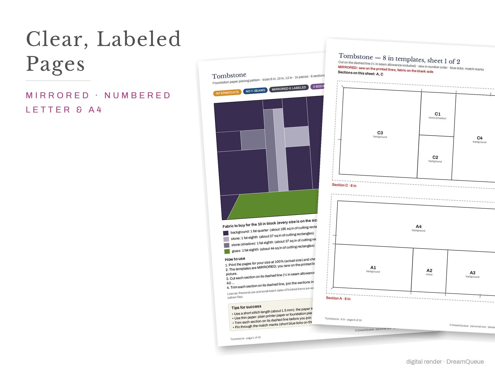 Cover page and a mirrored, numbered template sheet from the Tombstone quilt block FPP pattern
