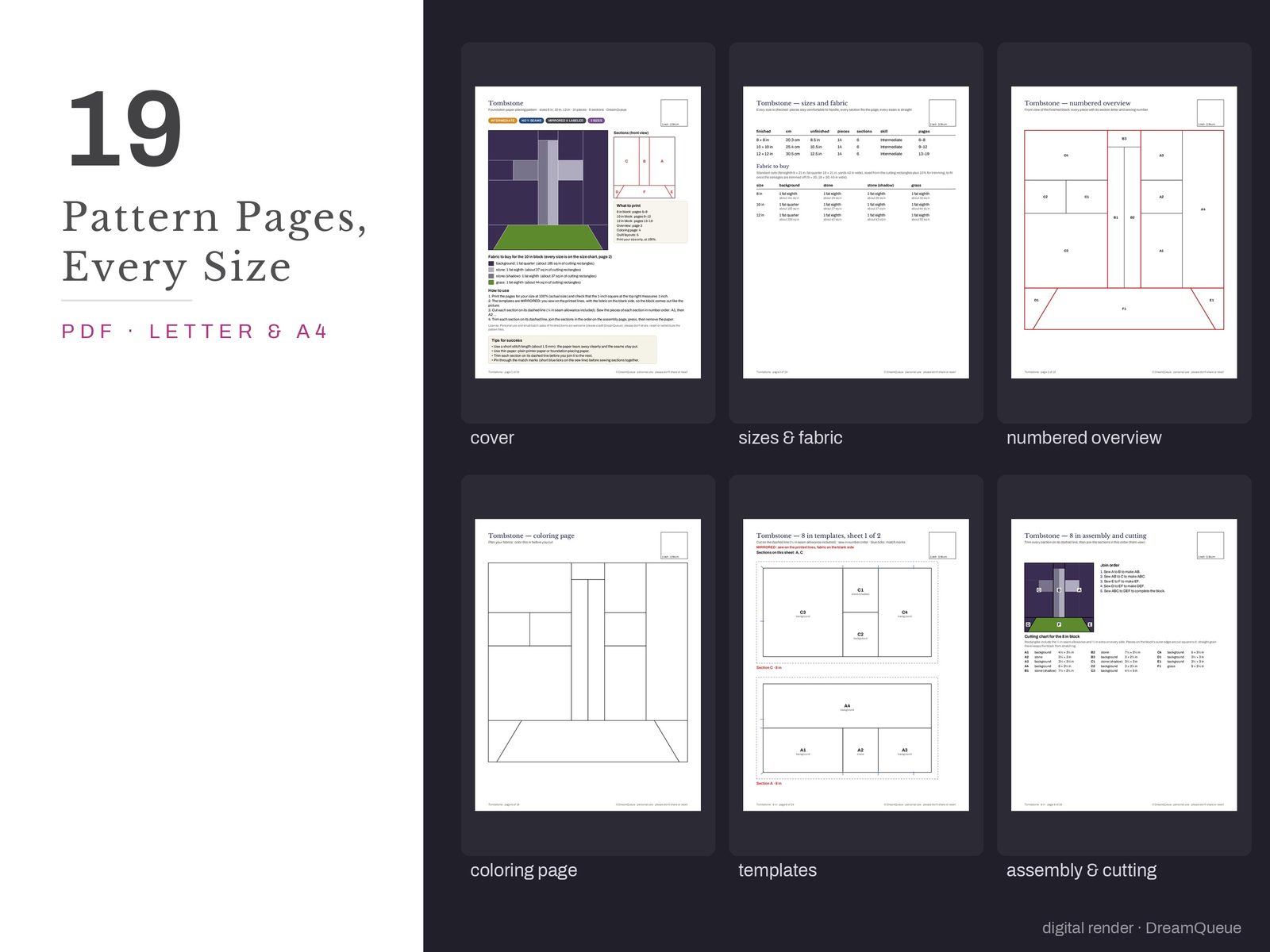 Thumbnails of the Tombstone quilt block pattern pages: cover, size and fabric chart, numbered overview, coloring page, templates, assembly and cutting chart
