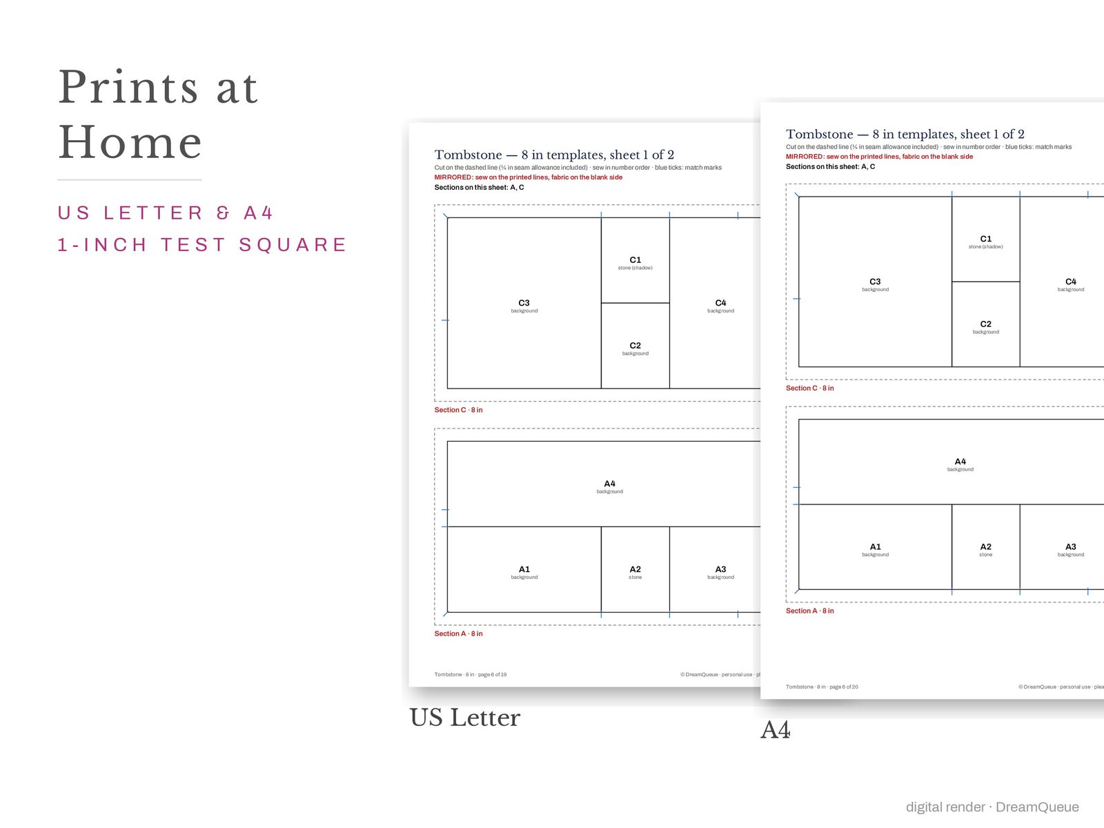 Tombstone quilt block templates printed on US Letter and A4 paper with a 1-inch test square to check the print scale