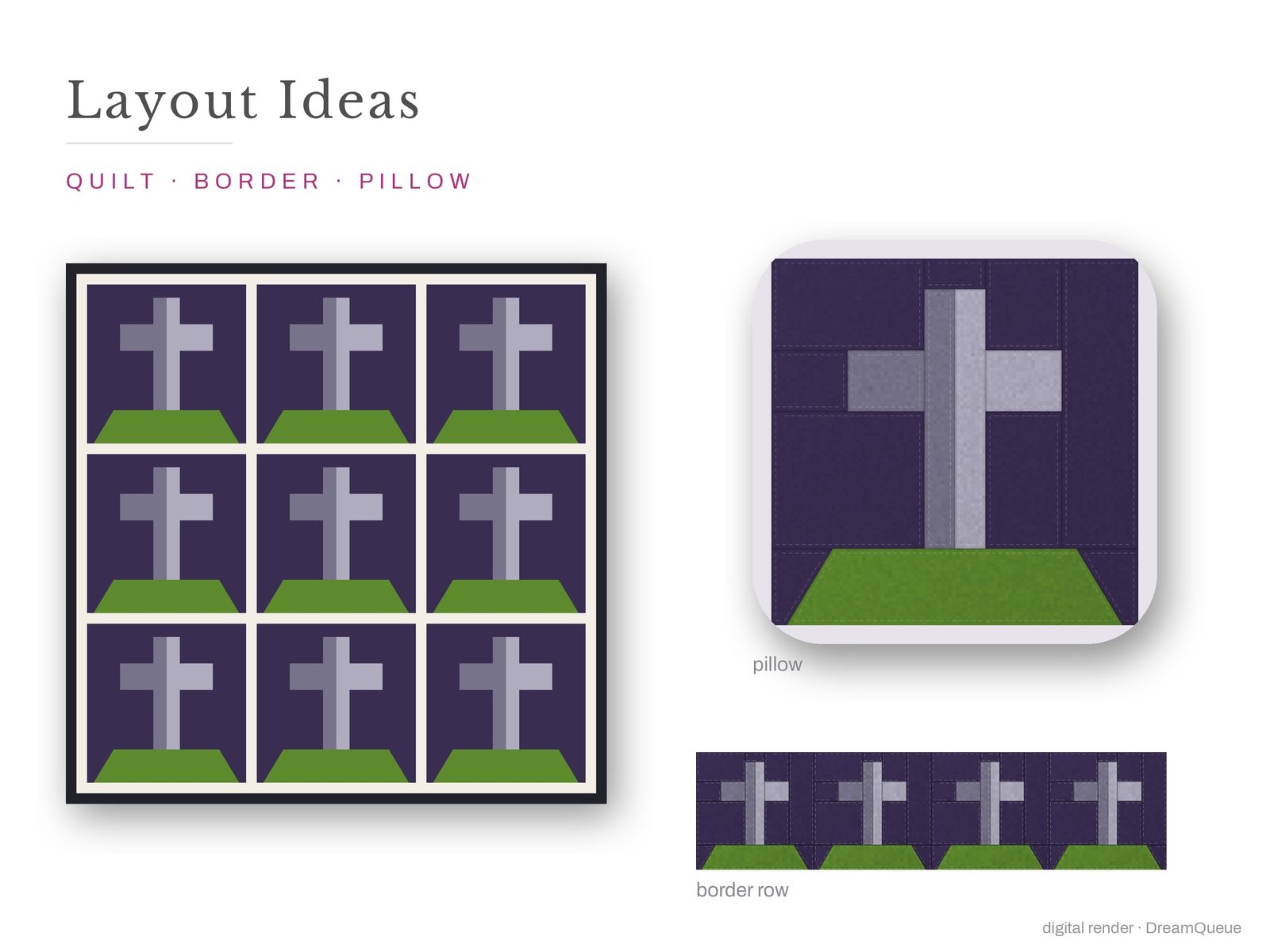 Layout ideas for the Tombstone quilt block: a full quilt, a border row and a pillow