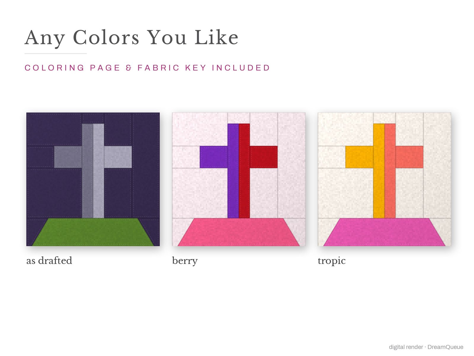 The Tombstone quilt block in three colorways, as drafted, pastel and jewel tones; a coloring page and fabric key are included