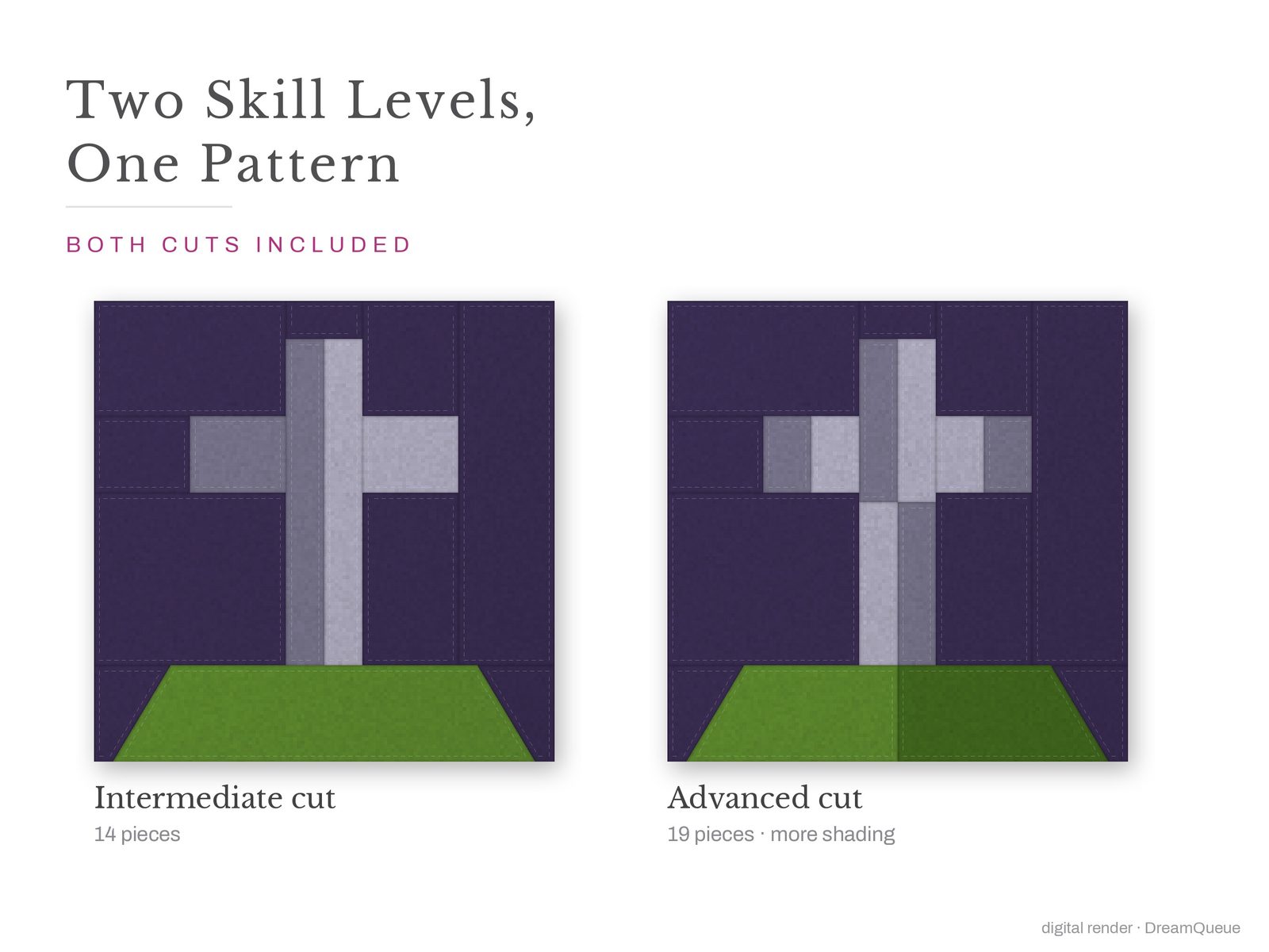 Tombstone: Skill level intermediate: no Y-seams, mirrored and labeled templates, every size checked, pieces numbered in sewing order, cutting chart and fabric to buy