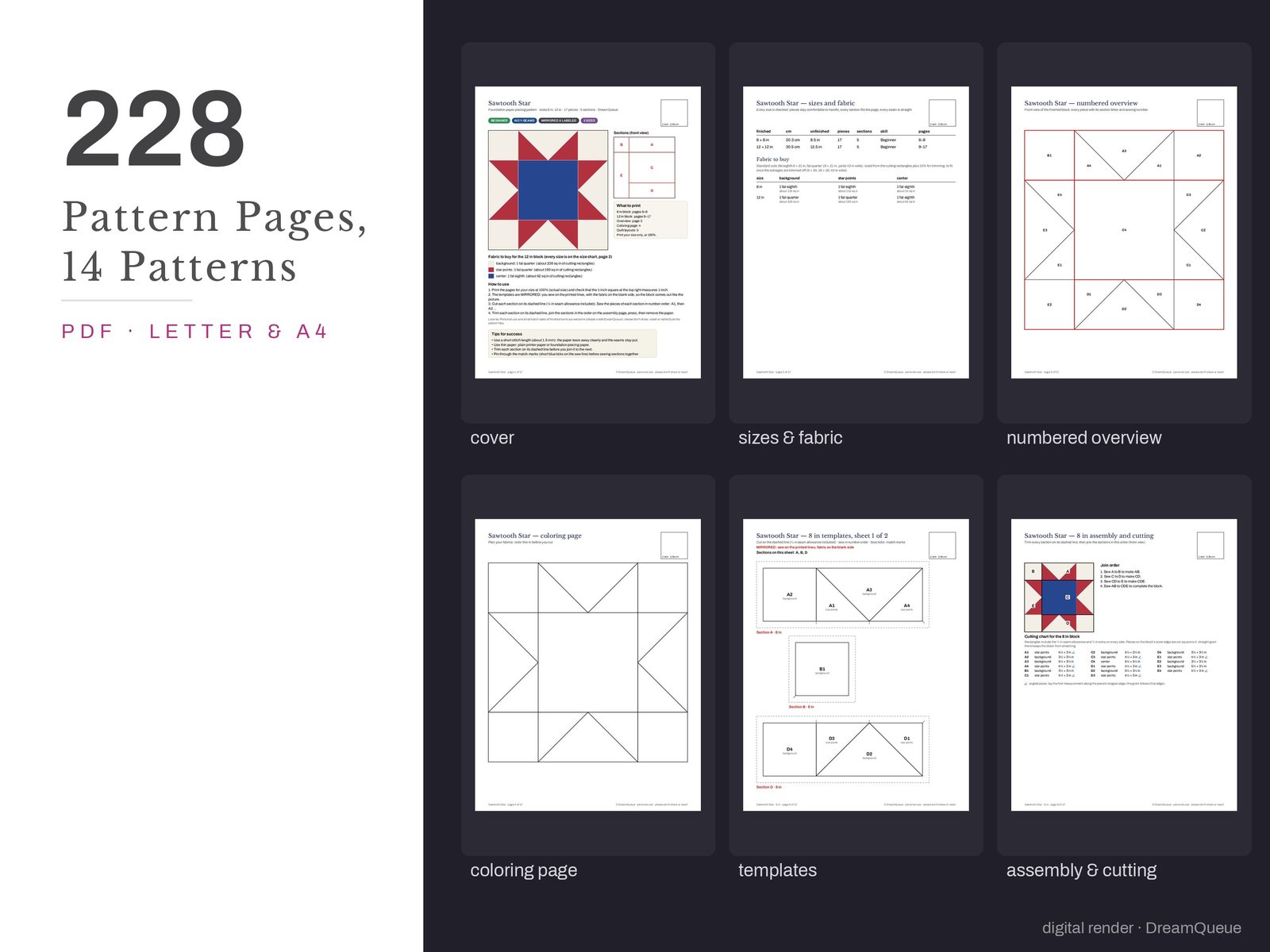 Thumbnails of the Traditional bundle of 14 quilt blocks pattern pages: cover, size and fabric chart, numbered overview, coloring page, templates, assembly and cutting chart