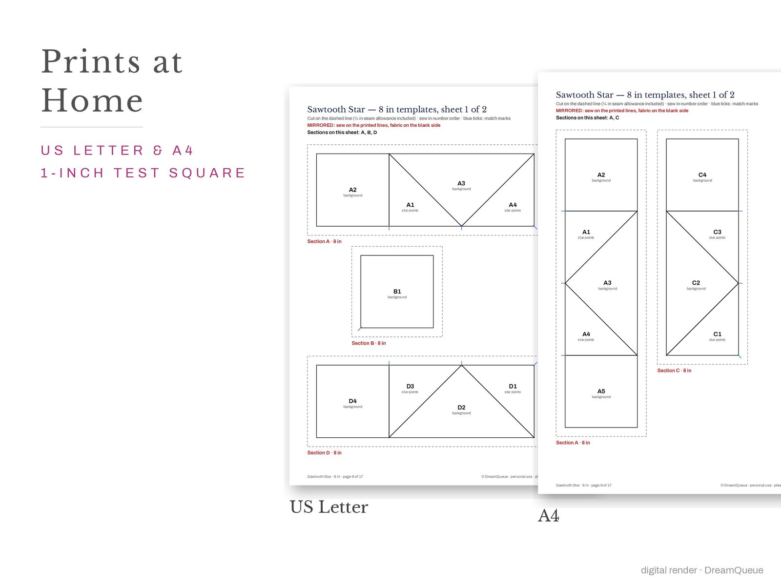 Traditional bundle of 14 quilt blocks templates printed on US Letter and A4 paper with a 1-inch test square to check the print scale
