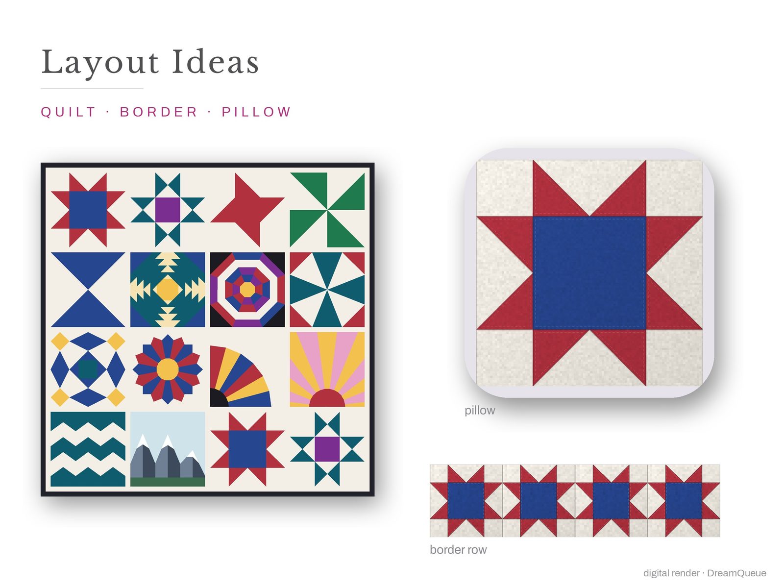 Layout ideas for the Traditional bundle of 14 quilt blocks: a full quilt, a border row and a pillow