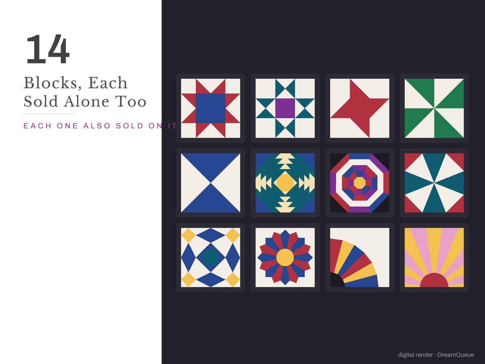 All 14 blocks in the Traditional bundle: Sawtooth Star, Ohio Star, Friendship Star, Pinwheel, Hourglass (Quarter-Square Triangles), Pineapple, Spiderweb, Kaleidoscope, Storm at Sea, Dresden Plate, Grandmother's Fan, Sunburst, Chevrons, Mountains; each is also sold on its own