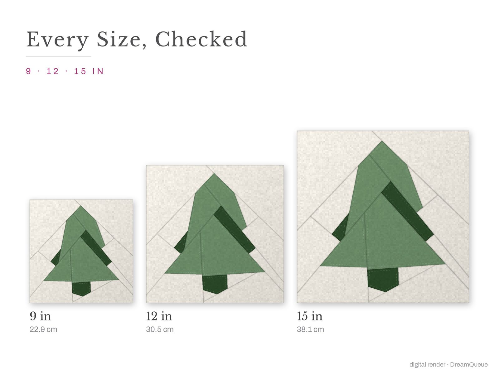 The Pine Tree quilt block at every finished size: 9, 12 and 15 inch