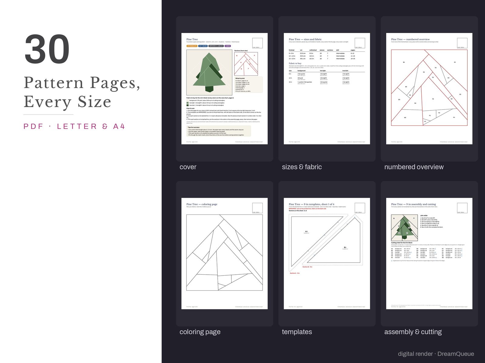 Thumbnails of the Pine Tree quilt block pattern pages: cover, size and fabric chart, numbered overview, coloring page, templates, assembly and cutting chart