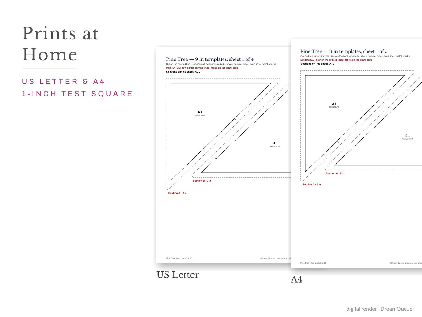 Pine tree quilt block templates printed on US Letter and A4 paper with a 1-inch test square to check the print scale